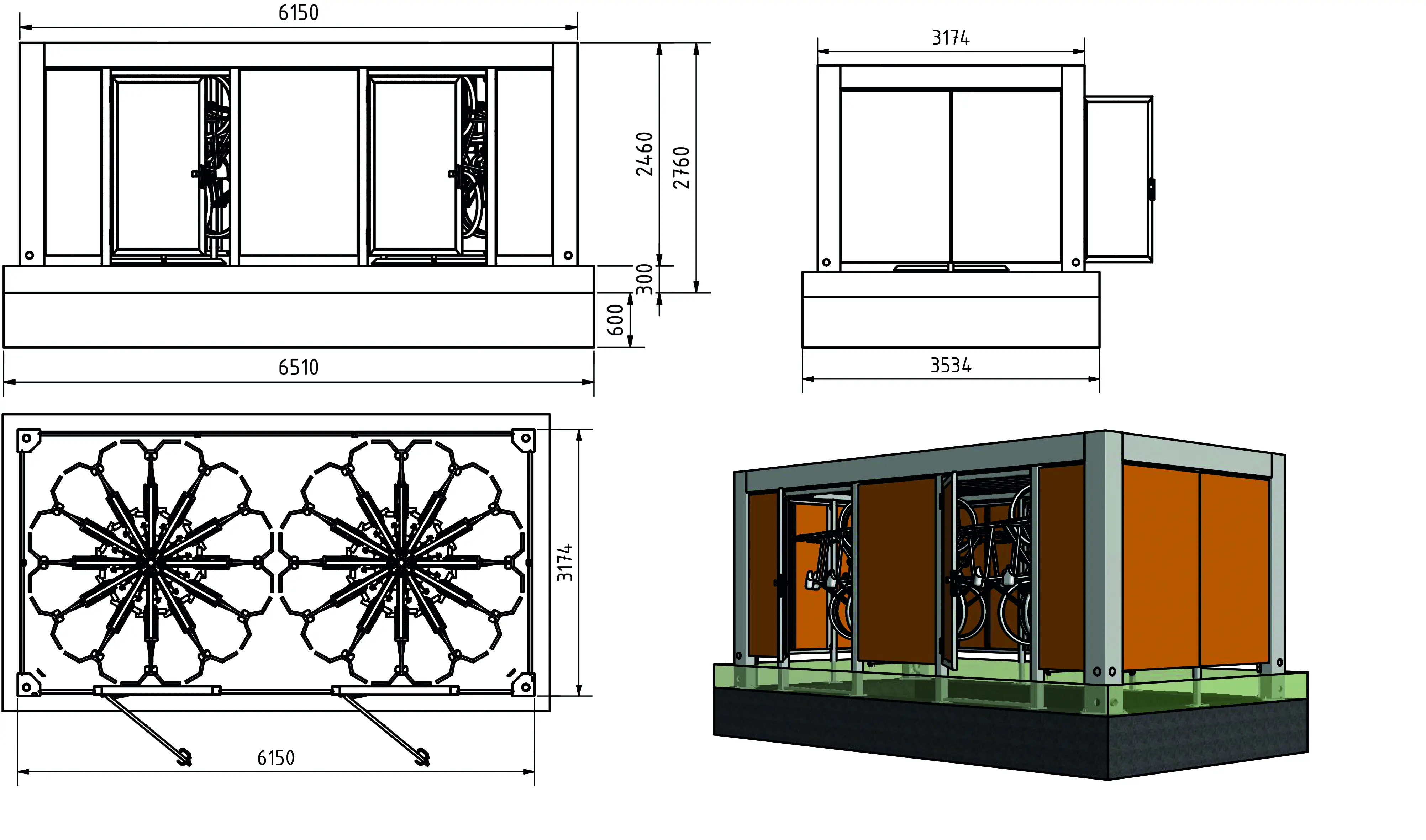 KUBUS 317 Konfiguration 3174×6150mm – 24 Stellplätze mit Vertica Spin